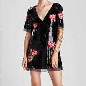 Zara Black Sequin Mini Dress with Red Floral Design